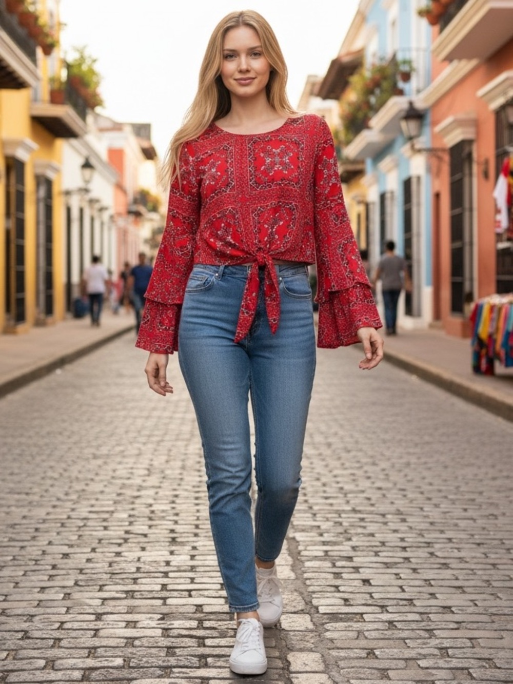 Bandana Print Tie Front Top Altard State Red Long Bell Sleeve Women's Small